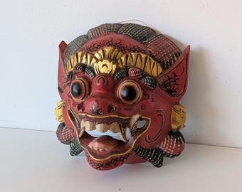 Vintage Hand-Carved Balinese Barong Mask – Red Gold Wood Guardian Spirit Wall Decor