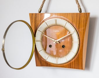 Mid Century DUGENA Wall Clock - Modernism 50s 60s Rope Cord Wood Brass Germany MCM 1950s GONG With Original Winding Mechanism Working!!