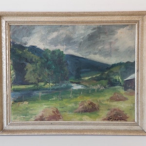 Pintura al óleo expresionista de 1924 sobre el río Ourthe, Bélgica, firmada con inscripción en francés, paisaje enmarcado.