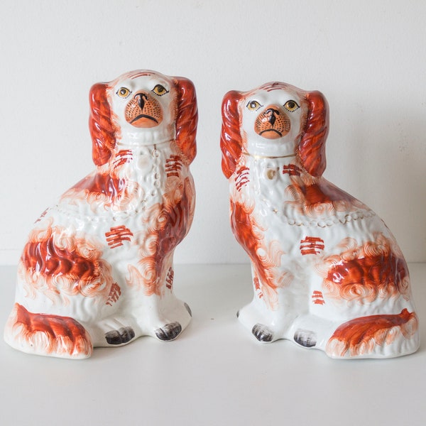 Antique Pair 10" Tall Staffordshire Dog Figurines or Mantle Dogs - Handpainted Ceramics Ca. 1880s England