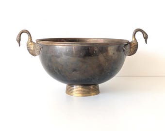 Vintage Mid-Century Solid Brass Champagne Cooler Bowl with Swan Handles – Art Deco Hollywood Regency Wine Chiller Chilling Basin