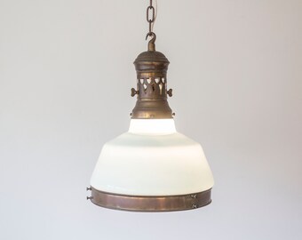 Large and Striking 1920s 1930s Arts & Crafts / Art Deco Light-Blue Opaline Glass and Brass Bauhaus Style Pendant Light