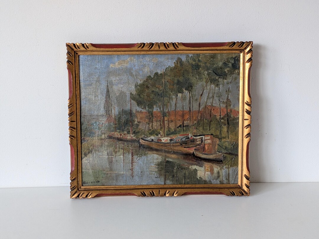 Antique Emile Bouzin Painting, Belgian Canal Scene, Post-impressionist ...
