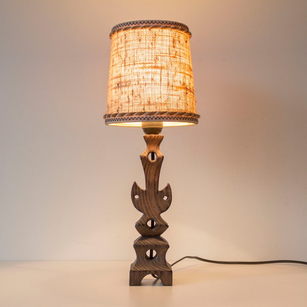 Vintage 1960s Brutalist Decorated Wood Table Lamp Mid Century Modern Danish Sculptural Totem Style Spanish Brutalist Style