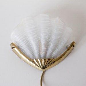 Vintage 1970s French Art Deco Revival Shell Brass and Etched Glass Wall Sconce Light