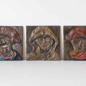 Vintage Oak Wood Carving: Naive Folk Art Fisherman Pirate Portraits, Signed