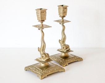 Vintage Pair c.1930s Casted Brass Maltese Dolphins or Fish Candle Holders inspired by classic Italian sculptures