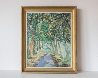 Chemin forestier animé - Huile sur toile flamande encadrée par L. Cortvriendt (vers 1960)