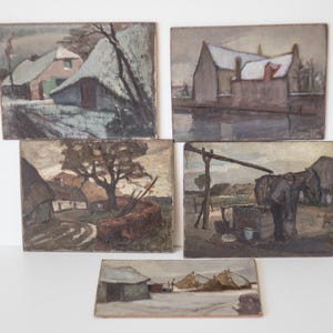 Original du début du 20e siècle. Paysage rural de Bruges, peinture à l'huile sur panneau de bois - oeuvre d'art belge vintage (vendue à l'unité)