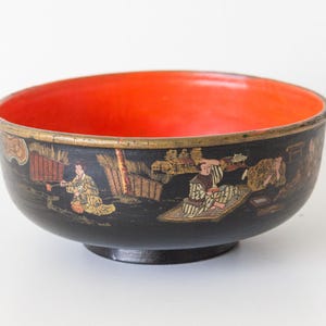 Antieke chino lak papel maché kom chinoiserie negro rood goud oosterse escena