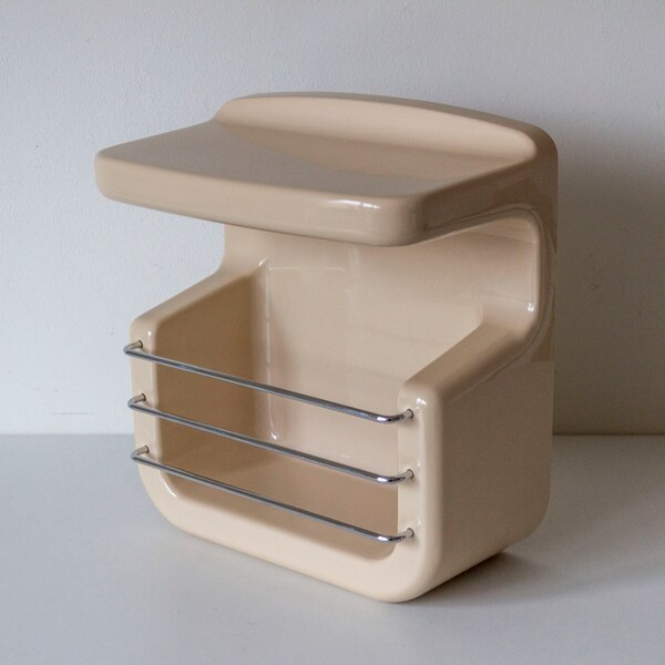 Étagère murale Space Age vintage des années 70, beige et chrome, étagère en plastique, étagère de salle de bain