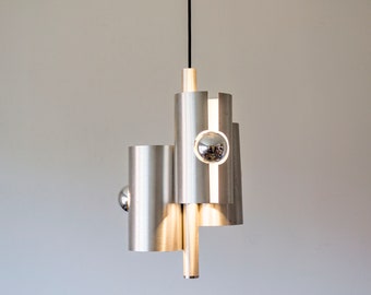 Vintage French 70s Mid-Century Modern 3-Shade Pendant Lamp Brushed Steel