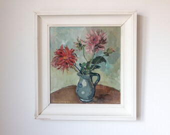 MCM originale des années 1950, Marino De Vos (Gand 1917, Belgique) Huile sur toile - Nature morte de fleurs (signé 1954)