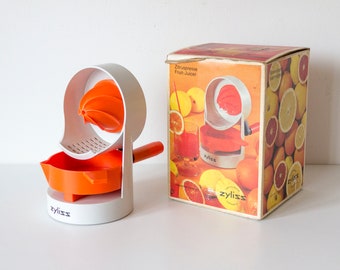 Vintage 70s Swiss Made Zyliss Fruit-Juicer in Orange and White Plastic With Original Box