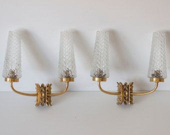 Vintage Pair Double Armed French Wall Sconces 1950s/1960s Mid Century Modern Brass
