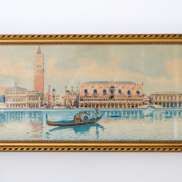 Signed Original MCM 1950s Vintage Italian Watercolor Painting Venice Italy - Piazza San Marco / St Mark's Square - Gondola The Doge's Palace