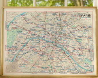 Mapa antiguo del metro de París / Plano antiguo de la ciudad de París / Decoración de pared para viajes por Francia
