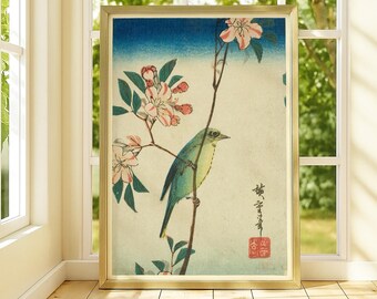 花の咲く枝に止まるメジロ – ヴィンテージ浮世絵ウォールアート