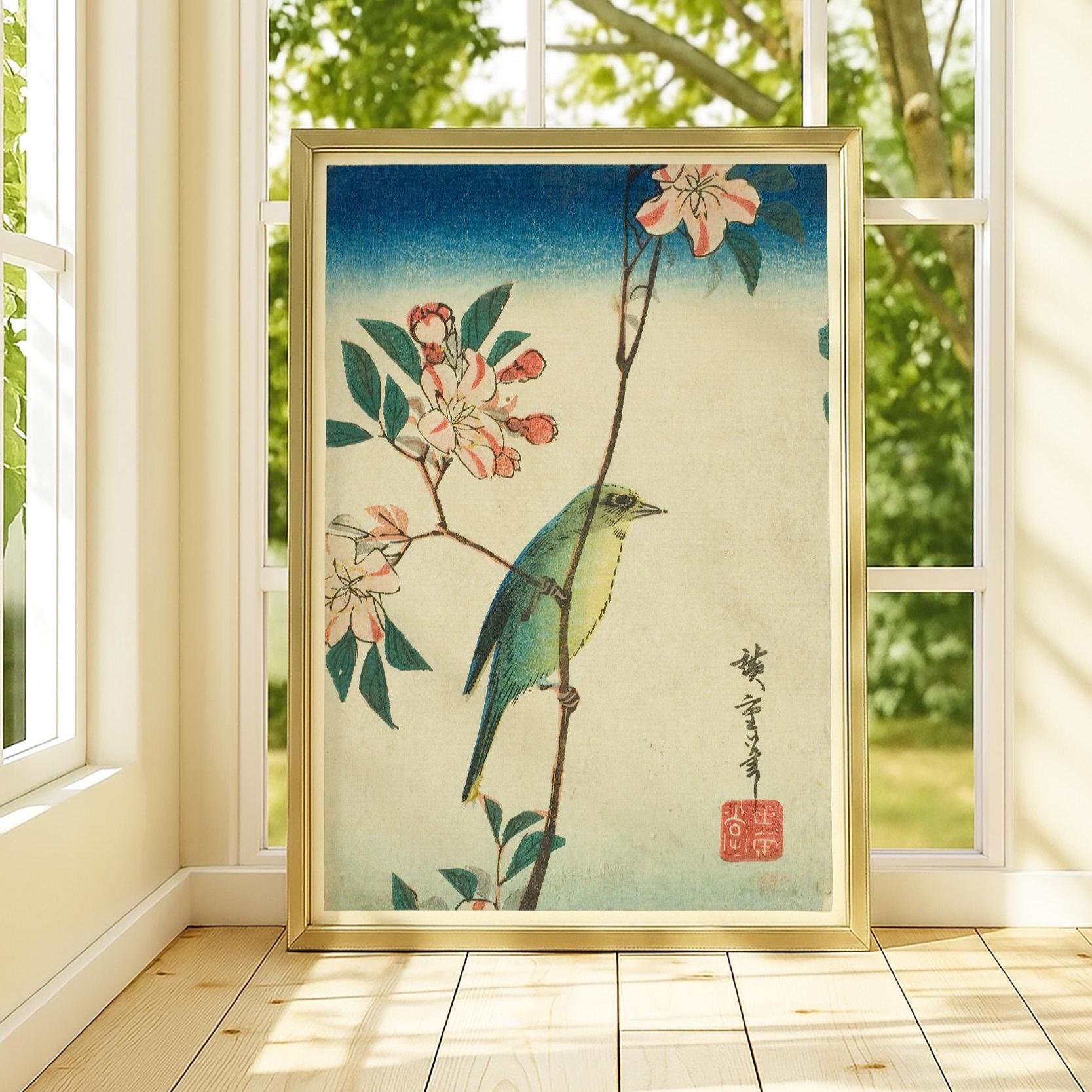 花の咲く枝に止まるメジロ – ヴィンテージ浮世絵ウォールアート