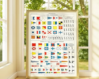 Vintage Nautical Flag Chart | International Maritime Signal Flags Poster | Antique Navigation Print