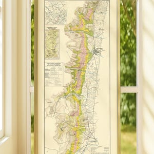 May include: Framed vintage map titled "Atlas de la France Vinicole L. Larmat" with the text "Les vins de Bourgogne" and "La Côte de Beaune." The map features detailed illustrations of the Burgundy region, with various colors and lines. The frame is gold.