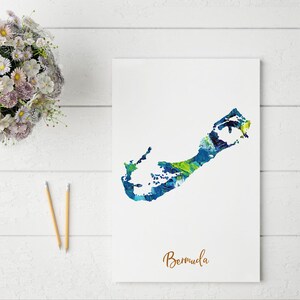 May include: A colourful abstract painting of the island of Bermuda. The painting is done in shades of blue, green, and white. The word "Bermuda" is written in gold lettering at the bottom of the painting.