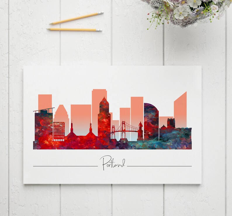 Portland art poster print Skyline Cityscape Oregon wall decor Travel Gift