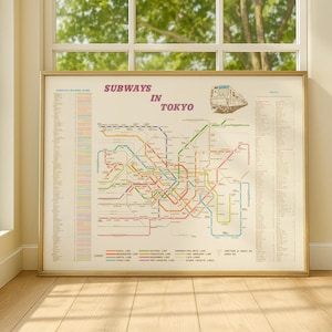 Op de afbeelding: Een ingelijste print van de Tokyo metrokaart, met een kleurrijk netwerk van lijnen. De kaart is getiteld "Subways in Tokyo" met een treinillustratie. De lijst is goudkleurig en de print wordt tentoongesteld tegen een neutrale muur en houten vloer.
