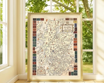 Story Map of Scotland Clan Print | Vintage Illustrated Map with Tartans | Scottish Heritage Wall Art