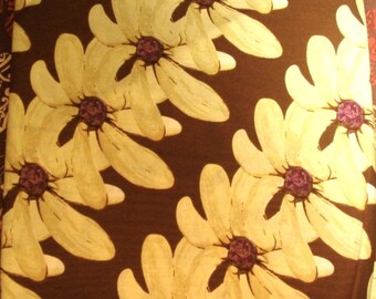 MAIZE & PURPLE FLOWERS on Brown Cotton Quilt Fabric 1+ yd x 44" wide