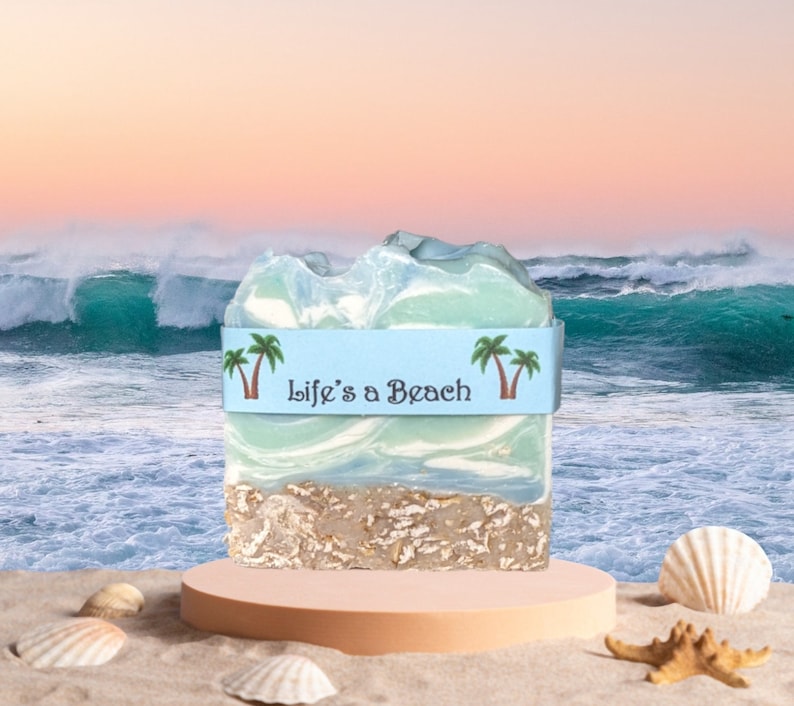 Ocean Personalized Oatmeal Soap Bar: Life's a Beach Scented Handmade Soap (Small) Custom label image 2