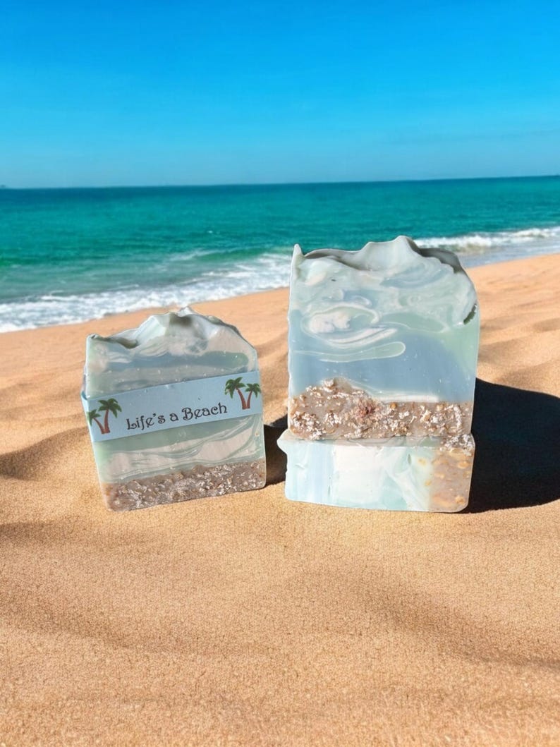 Ocean Personalized Oatmeal Soap Bar: Life's a Beach Scented Handmade Soap (Small) Custom label image 3