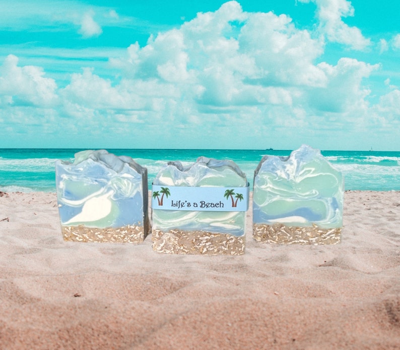 Ocean Personalized Oatmeal Soap Bar: Life's a Beach Scented Handmade Soap (Small) Custom label image 5