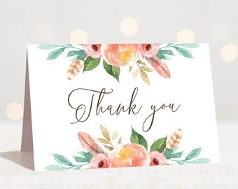 Boho Chic Thank You Card Template Floral Baby Shower Thank You Notes Babyshower Thank Yous Coral Bridal Shower Thank You Note Cards Boho TR1