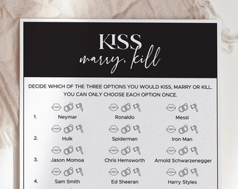 Kiss Marry Kill Game for Bachelorette Party Who Would You Kiss Marry or Kill Hen Party Game Idea Minimalist Bachelorette Bash Printable MS1