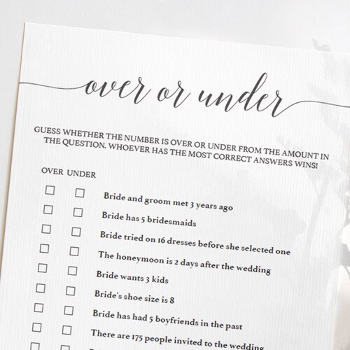 Bachelorette Bridal Game Over or Under Printable Bridal - Etsy