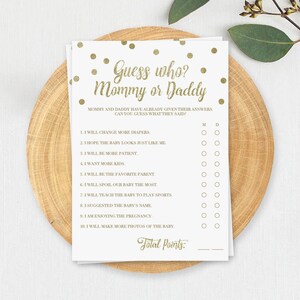 Raad eens wie mama of papa spel glitter confetti babyshower spelletjes afdrukbare gouden babyshower mama of papa spel coed babyshower spelletjes GCO