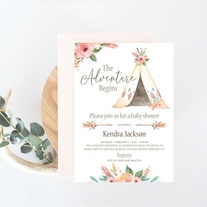 Plantilla de invitación para baby shower estilo bohemio chic, tarjeta tribal para baby shower, invitaciones florales para baby shower tipi, descarga instantánea, invitación con flores rosas TR1