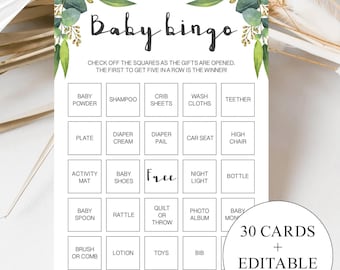 Green Eucalyptus Baby Shower Gift Bingo Cards Printable Greenery Baby Shower Games Downloads Editable Template Prefilled Baby Bingo Set CE2