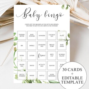Greenery Baby Shower Bingo Cards | Prefilled Baby Shower Game Printable Baby Bingo Game Editable Template Bingo Card Baby Bingo Template CG2