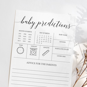 Babyvoorspellingen en advieskaart Minimalistische babyshowergames Afdrukbare advieskaart direct downloaden Modern babyshower zwart-witspel CL2