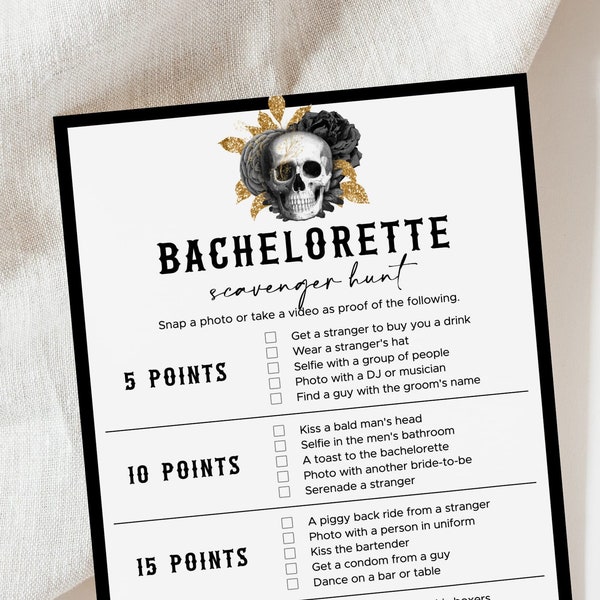 Gothic Bachelorette Scavenger Hunt Game Bride or Die Hen Party Scavenger Hunt Bar Crawl Til Death Do Us Party Black and Gold Hen Do Game BD2