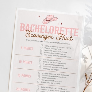Gioco di caccia al tesoro per addio al nubilato da cowgirl, stampabile, modello modificabile per caccia al tesoro per la notte delle galline a tema western, Nashville Lets Get Nashty LR1