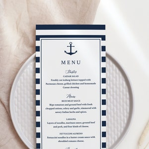 Plantilla de menú náutico, decoraciones para baby shower marinero, tarjetas de menú de boda náutica imprimibles, decoración de mesa para despedida de soltera náutica, descarga NS1