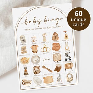 60 tarjetas de bingo para baby shower, estilo bohemio, imprimibles, precargadas, juego de bingo beige neutro para baby shower, para grupos grandes ND1