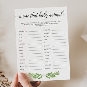 Name That Baby Animal Game Cards Printable | Greenery Baby Shower Activity Idea, Woodland Baby Shower Game, Leafy Baby Animal Printable GL1