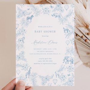 Toile de jouy babyshower uitnodiging blauwe bloemen babyshower uitnodiging chinoiserie baby uitnodiging safari dier heteluchtballon blauw toile TS1