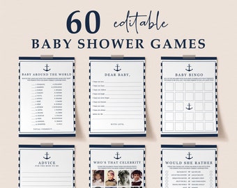 Nautical Theme Baby Shower Games Bundle • Editable Template Activities Pack for Babyshower Anchor Beach Summer Baby Party Sprinkle Coed NS1