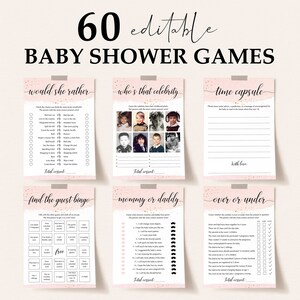 Pink and Gold Baby Shower Games Bundle Editable Templates Girl Babyshower Activities Pack for Her Blush Watercolor Splatters Abstract BG4
