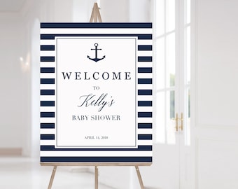 Navy Blue Baby Shower Welcome Sign Printable Personalized Welcome Sign Nautical Party Decorations Wedding Welcome Sign Bridal Shower DIY NS1